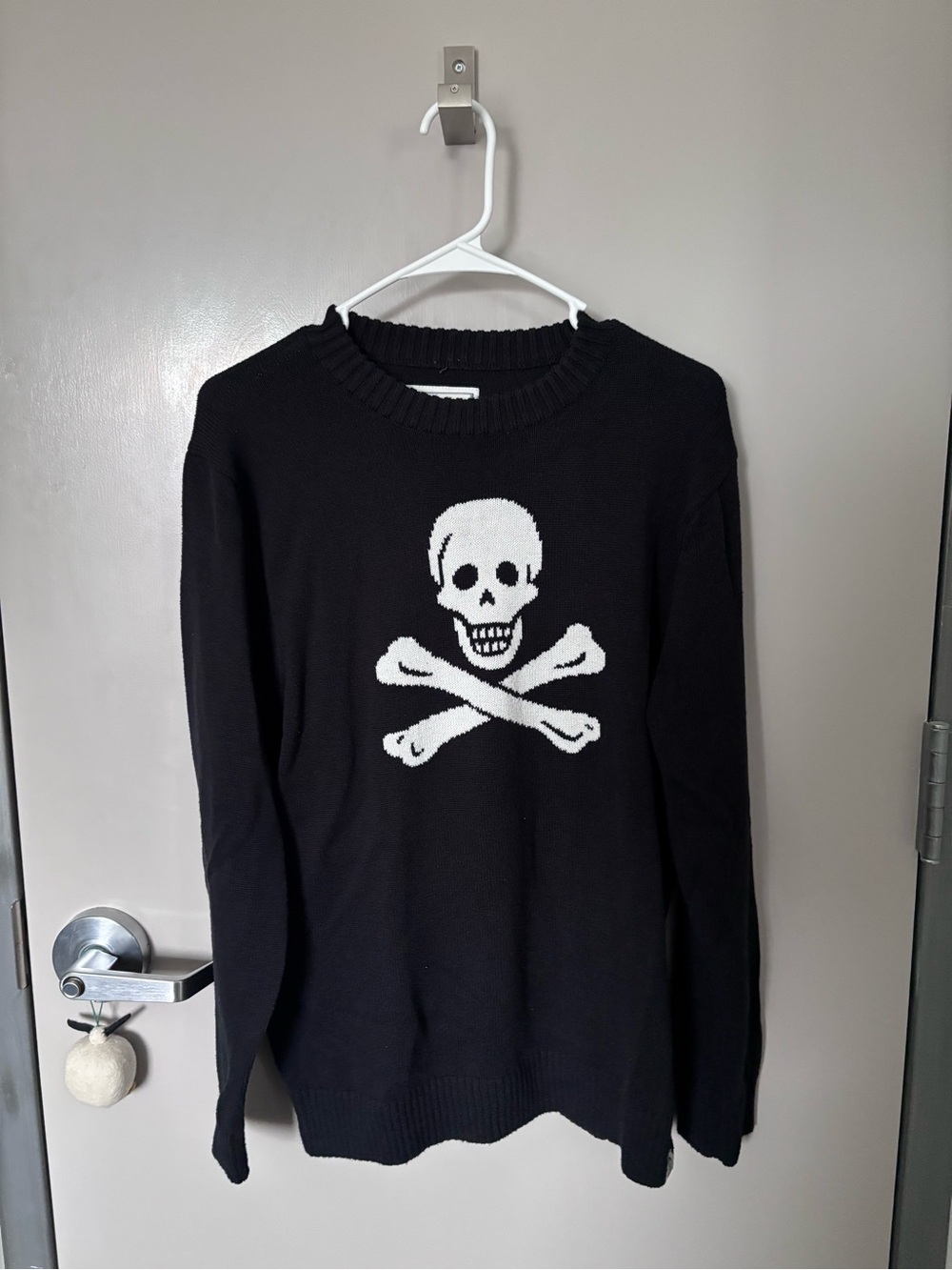 Long Wharf Men's Black Crewneck Sweater with White Skull & Crossbones